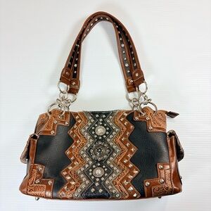 Western Studded Tote Bag Tooled Brown Black Leather Look Shoulder Purse